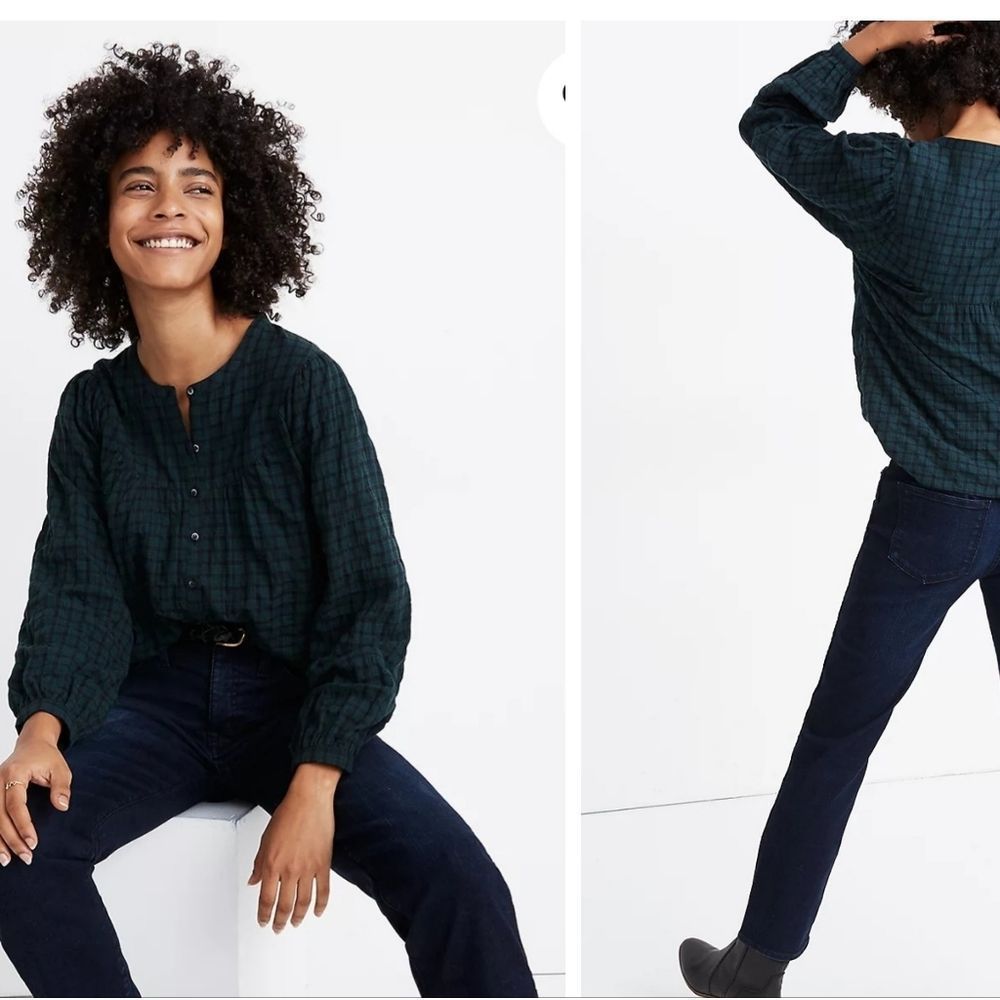 Madewell Women's Long Balloon Sleeves Plaid Peasant Top Blouse Size L